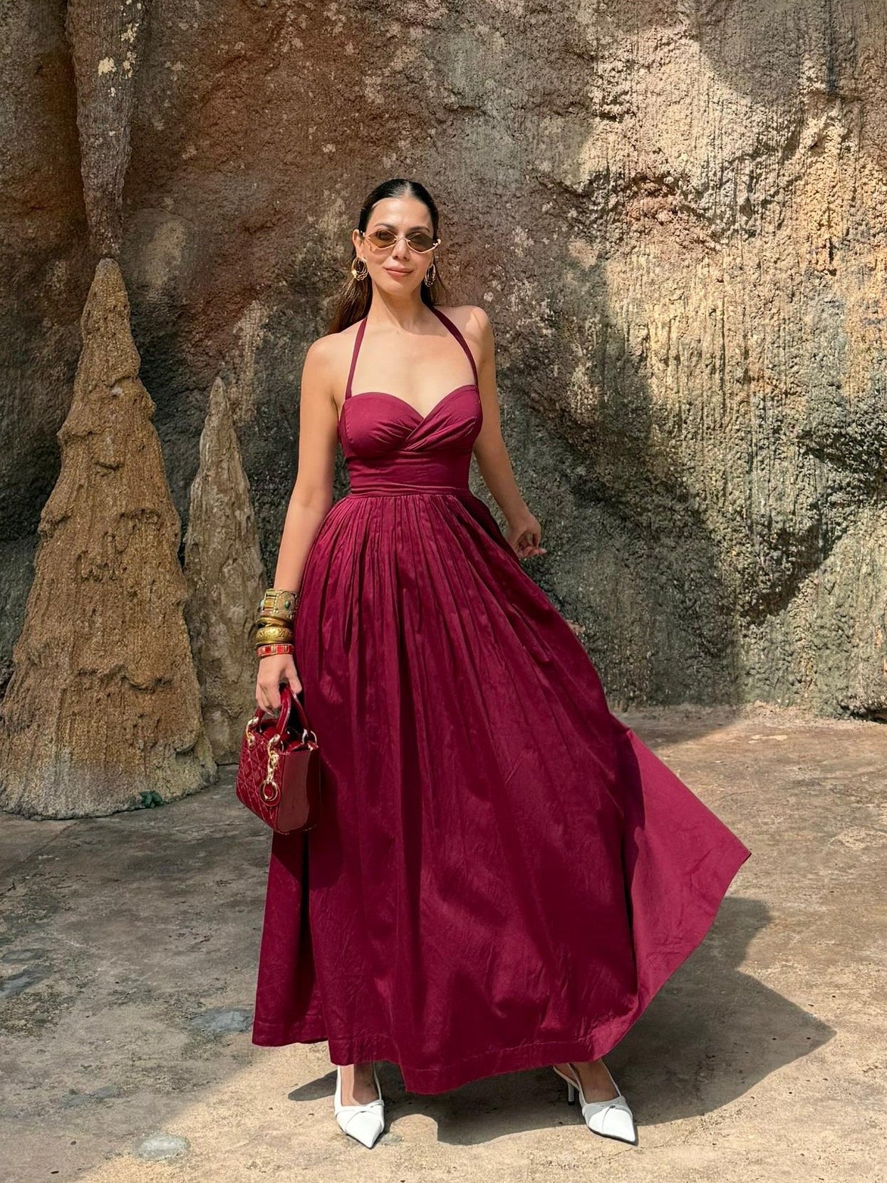 open lace back dress Isabella Maxi Dress - Burnt Maroon Halter Neck Cotton Satin