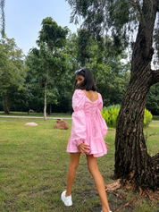 PINK TIERED MINI DRESS WITH PUFF SLEEVES
