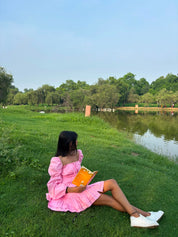 PINK TIERED MINI DRESS WITH PUFF SLEEVES