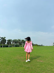 PINK TIERED MINI DRESS WITH PUFF SLEEVES