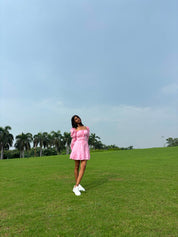 PINK TIERED MINI DRESS WITH PUFF SLEEVES