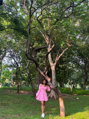 PINK TIERED MINI DRESS WITH PUFF SLEEVES